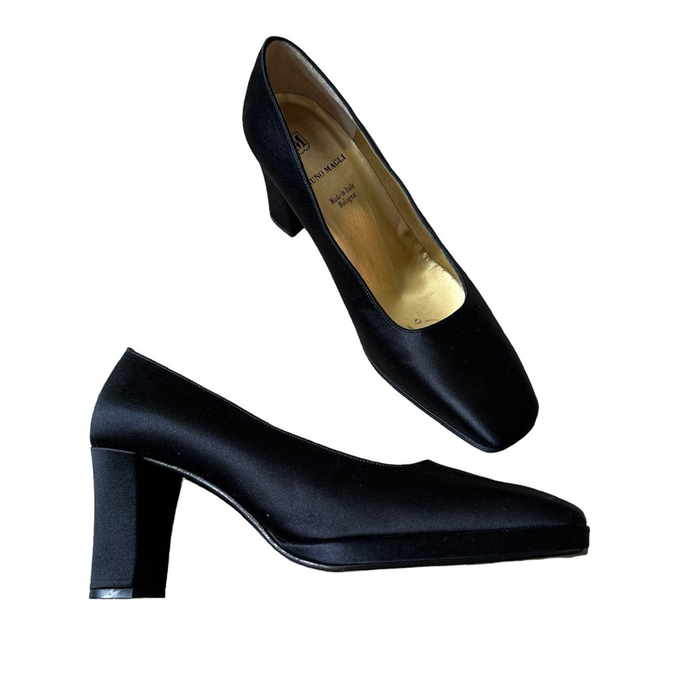 Bruno Magli Lucia Black Satin Square Toe Platform Block Heel Pump Size 8C NIB